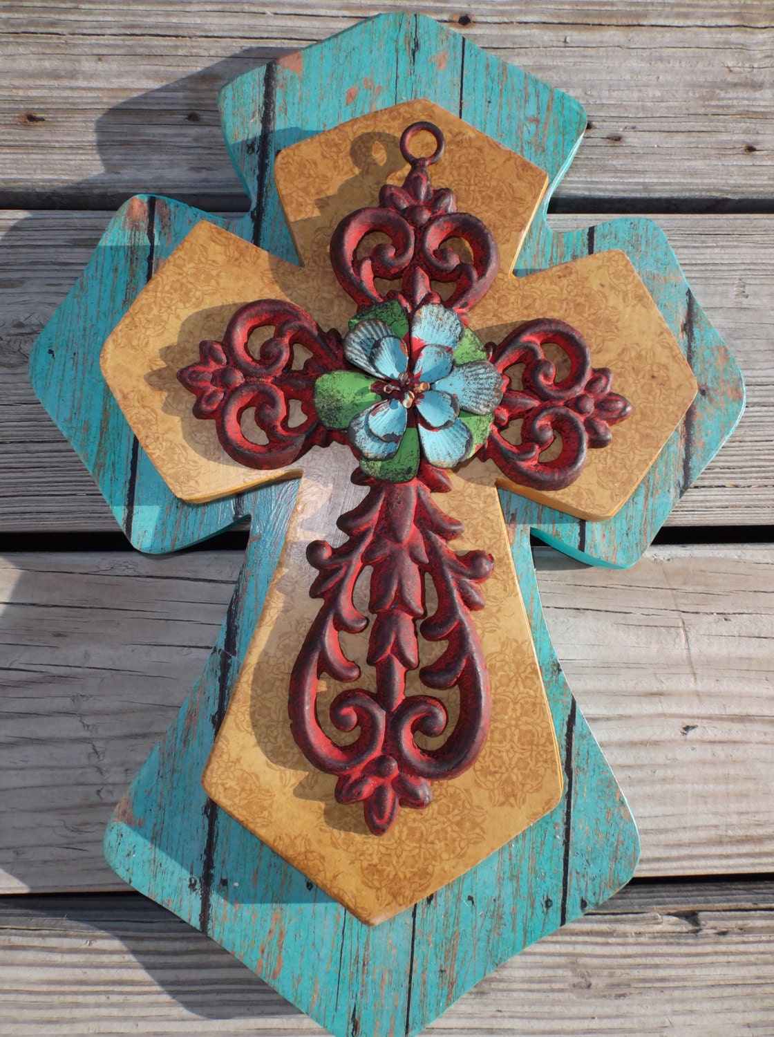Stacked Wood & Cast Iron Decorative Wall Cross by ReadinginRags