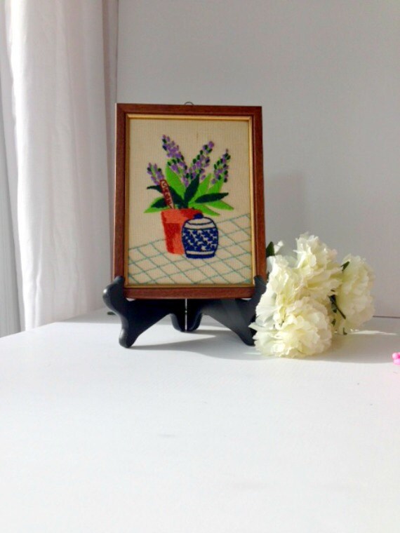 Vintage Needlepoint Art with Pink and Purple Flowers and Ginger Jar Country Chic Vintage Art