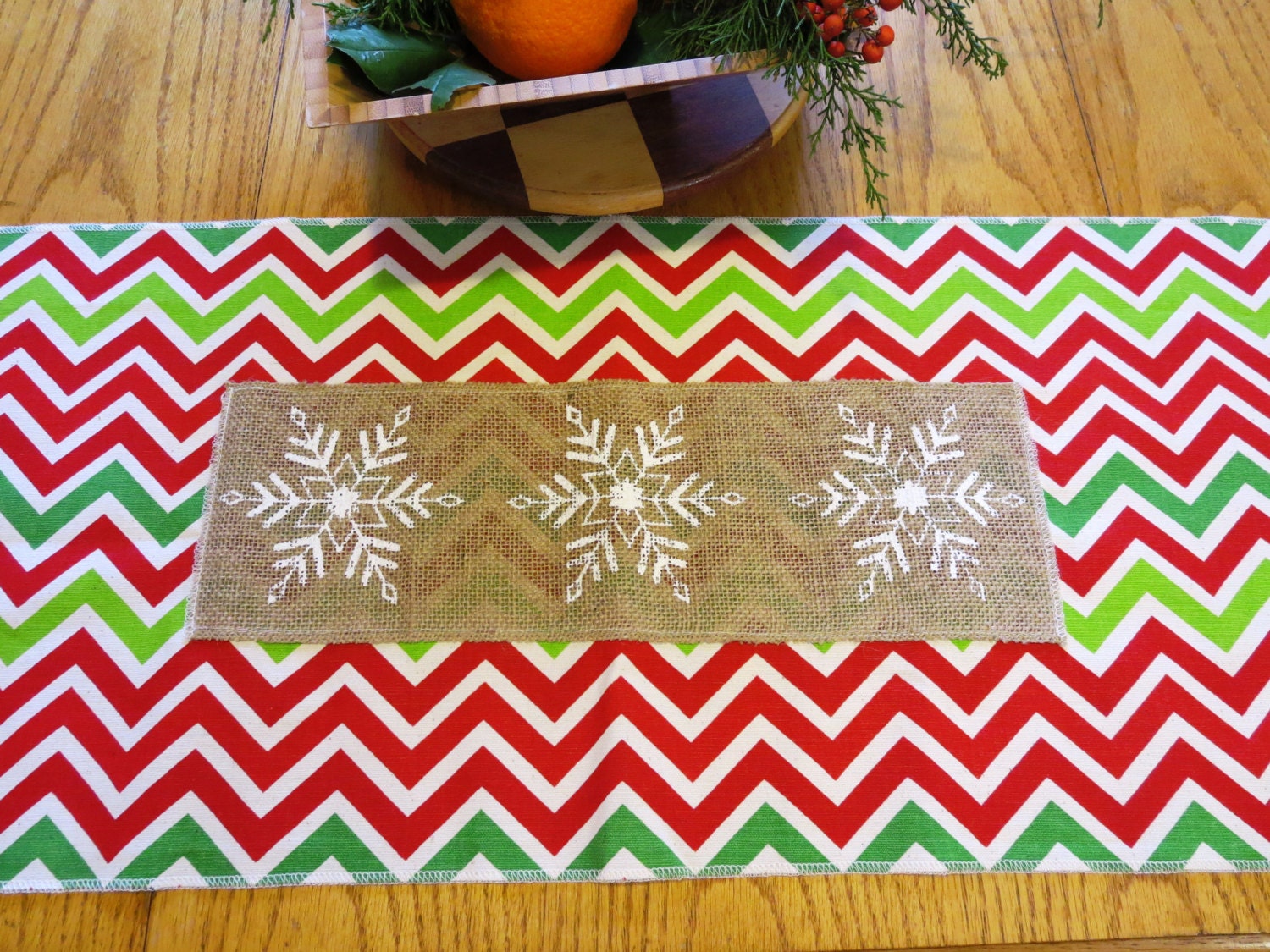 Christmas Table Runner in Chevron and Burlap Snowflakes, Christmas Decor