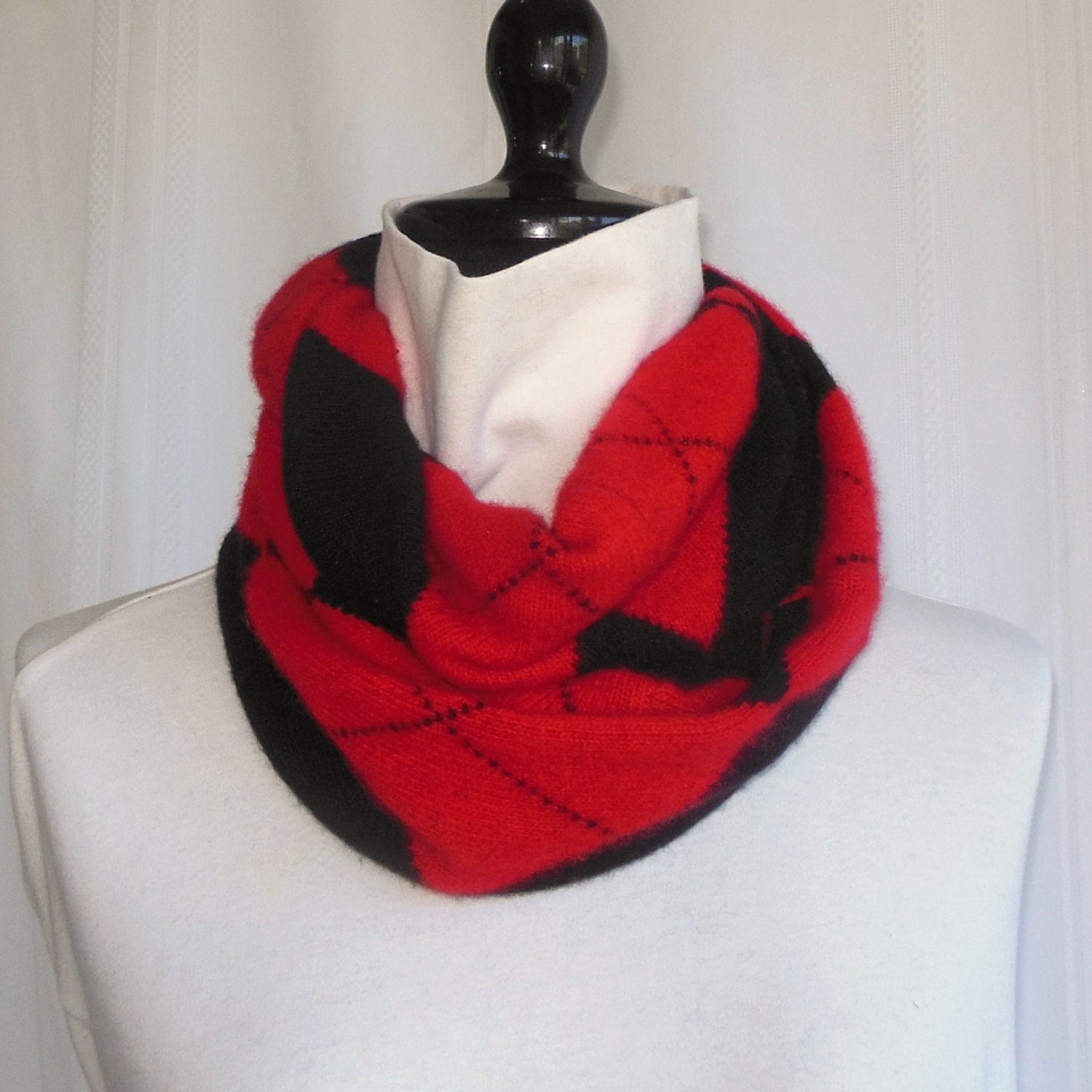 Infinity Cashmere Wool Scarf made from an upcycled black and red argyle sweater
