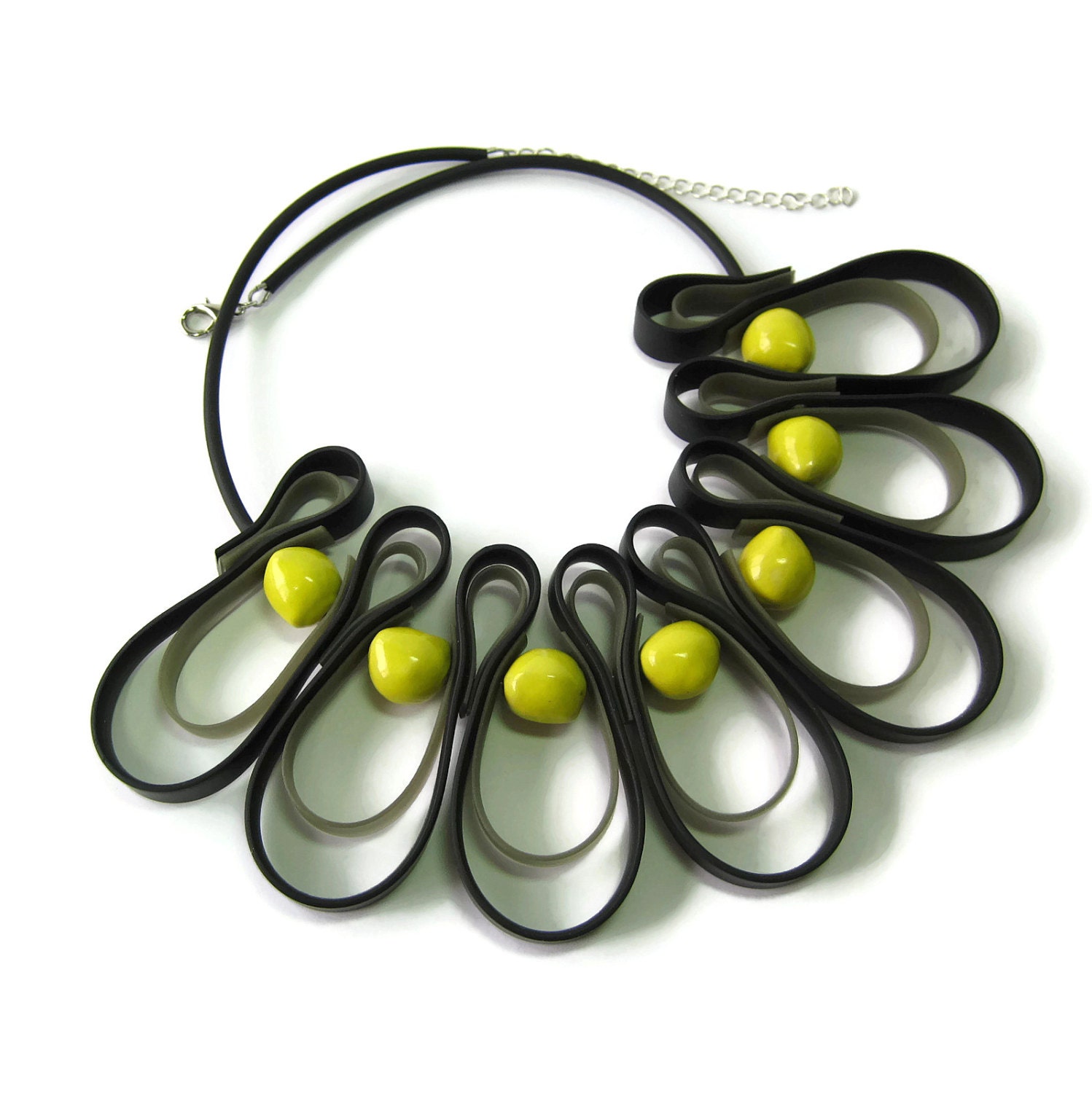 yellow and black necklace, geometric jewelry, urban street wear, rubber necklace, summer fashion, bib statement necklace