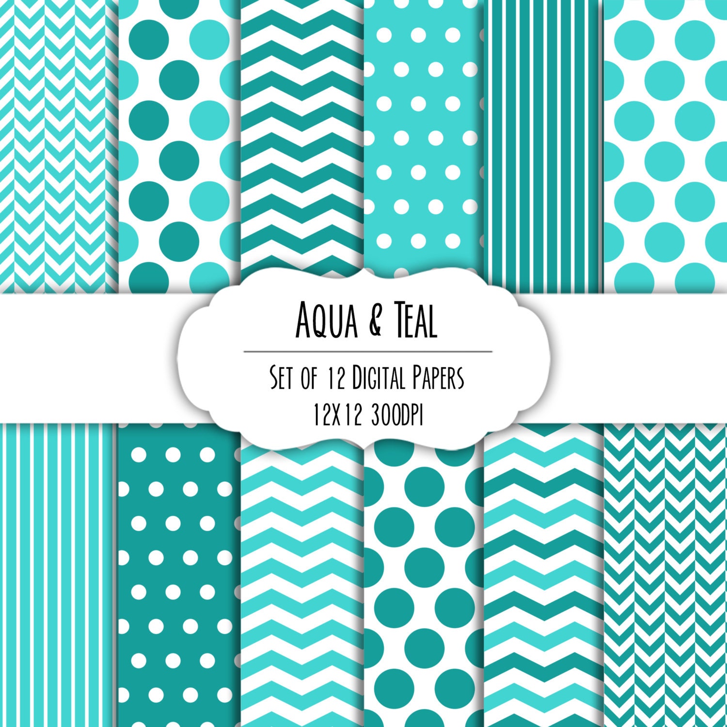 Aqua Teal Blue Digital Scrapbook Paper X Pack Set Of