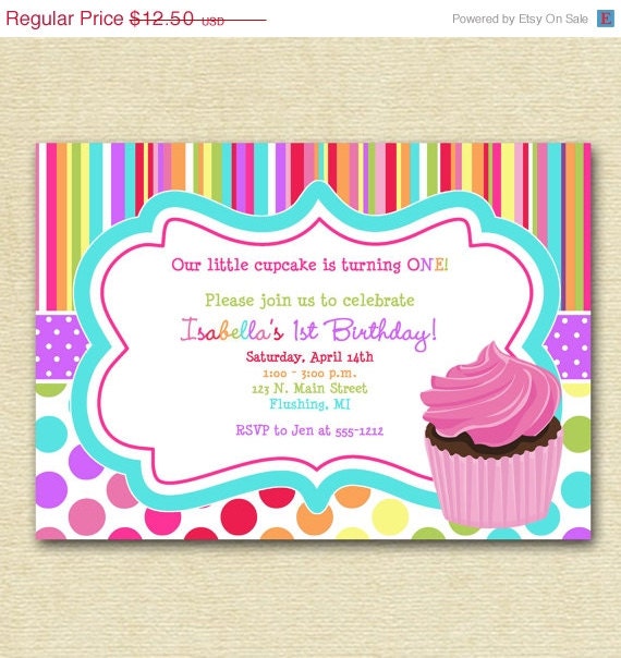 10% Off Holiday Sale Mod Bright and Colorful Cupcake Custom Birthday Invitation - PRINTABLE INVITATION DESIGN Il_570xn