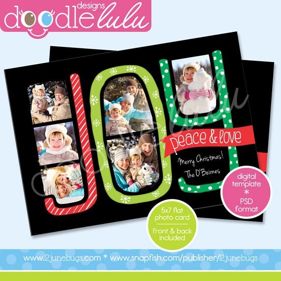 INSTANT DOWNLOAD Digital Printable 5x7 Black Green Red Joy Christmas Holiday Photo Card Template (Photoshop) PSD by Doodlelulu 2 june bugs Il_570xn