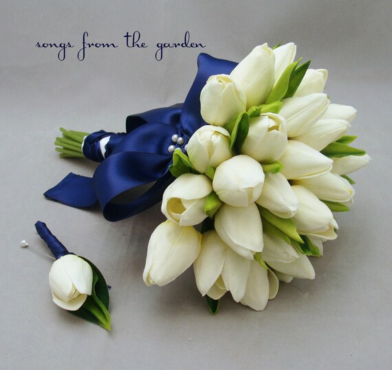 Real Touch Tulips Bridal Bouquet White Navy by SongsFromTheGarden