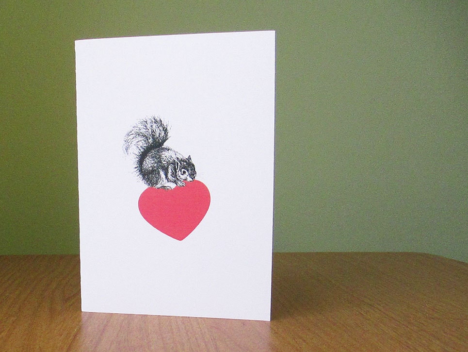 Squirrel Valentine card // anniversary card, wedding, new baby // squirrel hoarding love // squirrel heart card