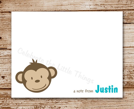 Set of 8 / Mod Monkey Note Cards / Personalized Stationery / Thank You Notecards Il_570xn
