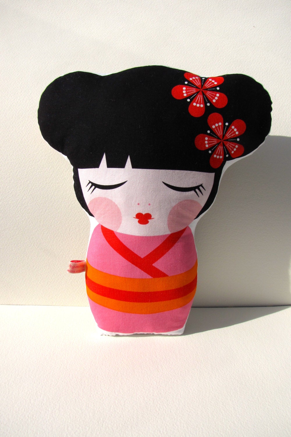 Japanese Doll Print Pillow. Fun Cushion.  Bright Pink Bold Multi Colours by mirrymirry