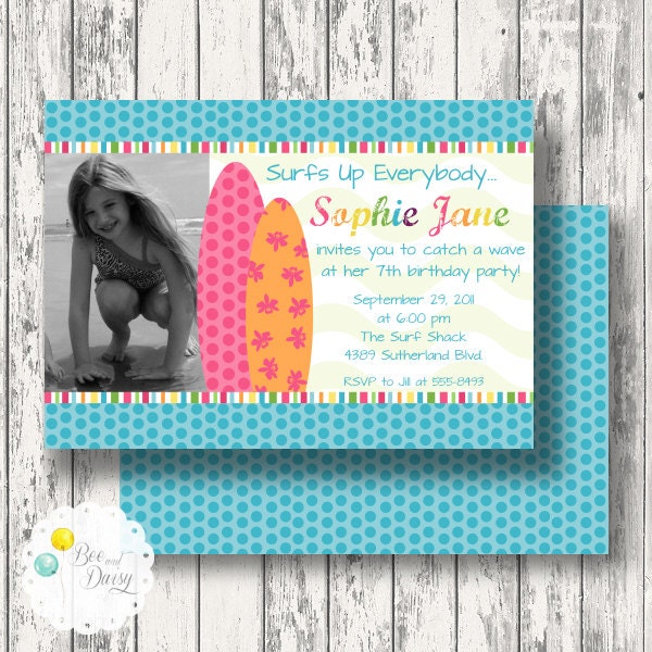 Surfer Girl Invitation for Birthday Party or Baby Shower - Girls DIY Surf Board Printable Photo Invite by BeeAndDaisy Il_570xn