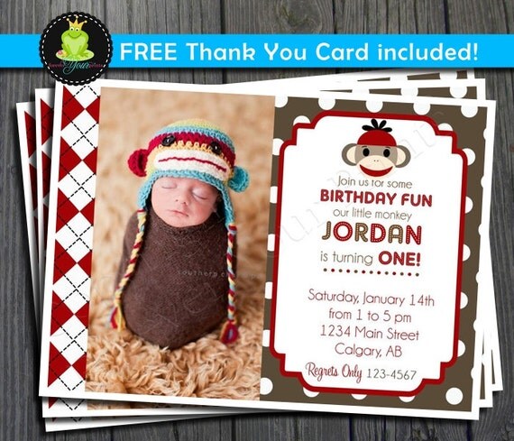 Sock Monkey Invitation - FREE Thank You Card included Il_570xn