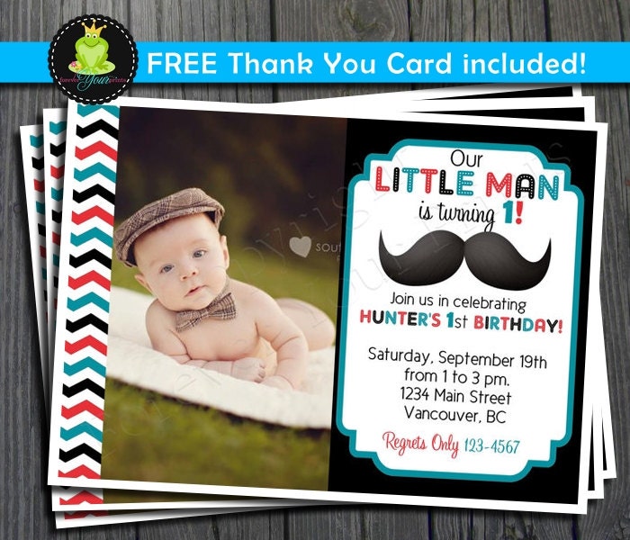 Little Man Mustache Birthday Invitation - FREE Thank You Card included Il_570xn