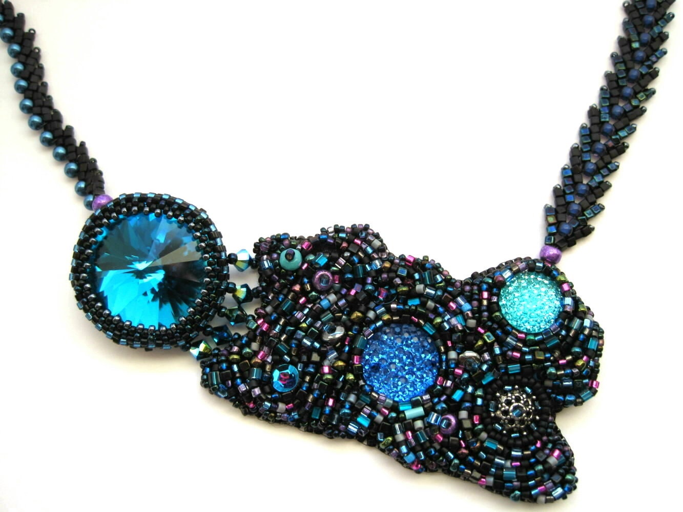 Nebulous - EBWC Blue Beadwoven Embroidered Necklace OOAK Asymmetric Black Aqua - BlissWorksStudio