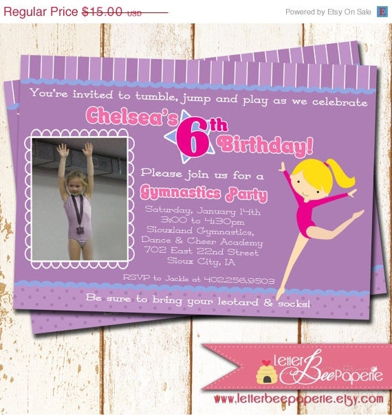 ON SALE Gymnastics Theme Birthday Party Photo Invitation - 5x7 Printable Digital Invite - Choose Your Colors - Girls 3rd/4th/5th/6th Birthd Il_570xn