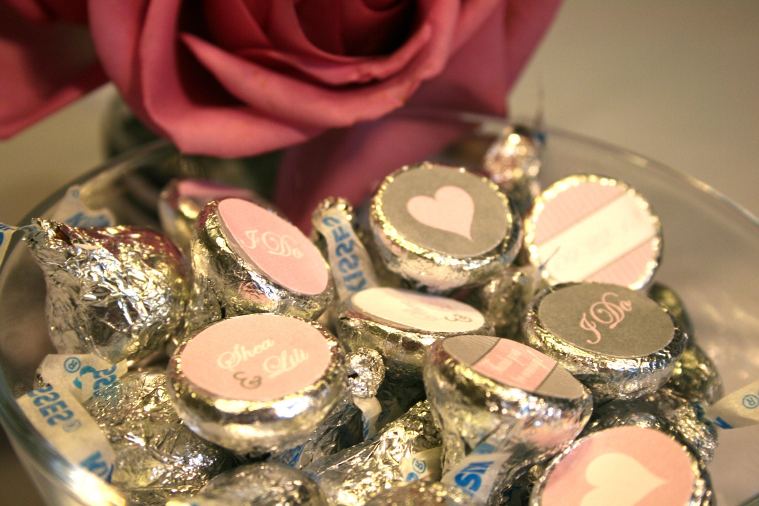Wedding Favor- Personalized Hershey Kiss Labels in Baby Pink and Grey- Print your own Il_570xn