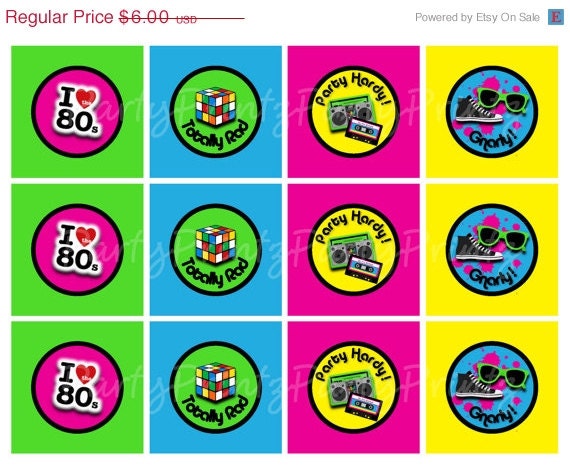 SALE INSTANT DOWNLOAD - Printable 80's - Cupcake Toppers - Tags Il_570xn