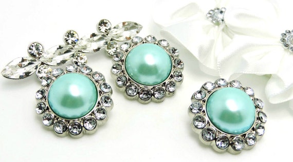 Rhinestone & Pearl Buttons Plastic Acrylic Light Turquoise Buttons With Brilliant Clear Surrounding Rhinestones 26mm 3185 36P