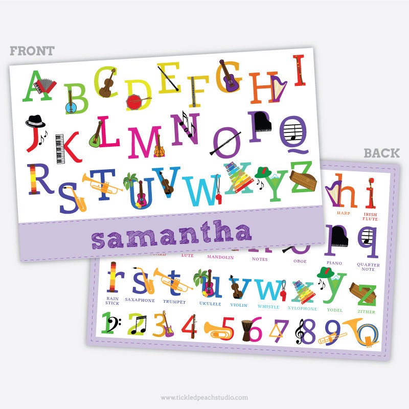 Personalized Childrens Placemat - Music Alphabet Girl - laminated, double-sided Il_570xn