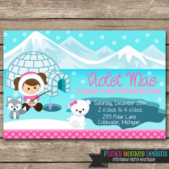 Diy Personalized Winter ONEderland Pink Eskimo Girl Birthday Party Digtial PRINTABLE 4"x6" Invitation Il_570xn