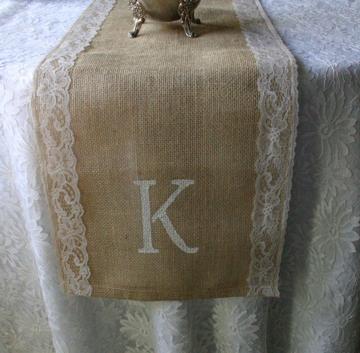 Monogramed Burlap and lace table runners, French country weddings, shabby chic, rustic elegance