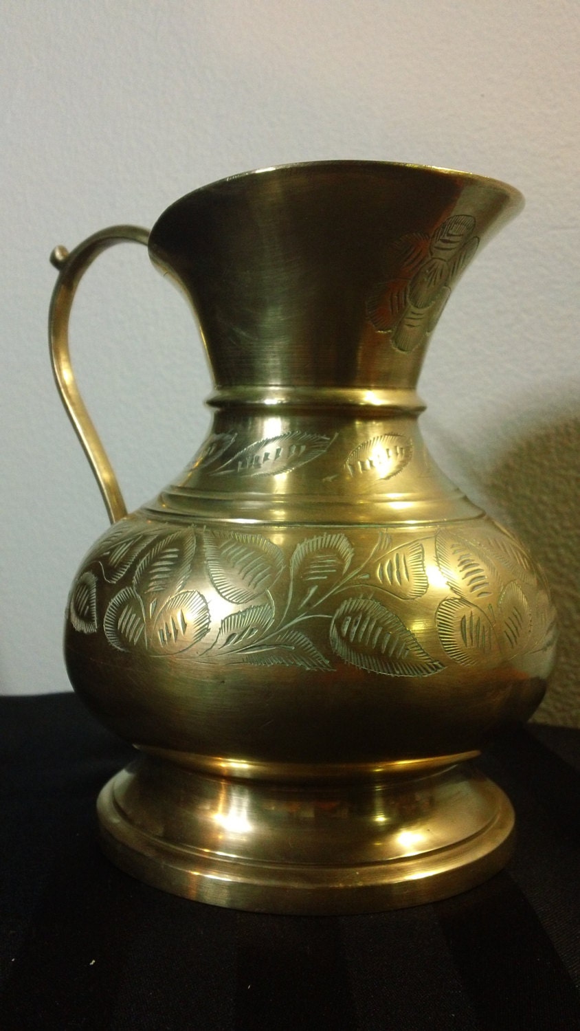 Vintage India Brass Ewer Pitcher With Etched Flower Leaf Design