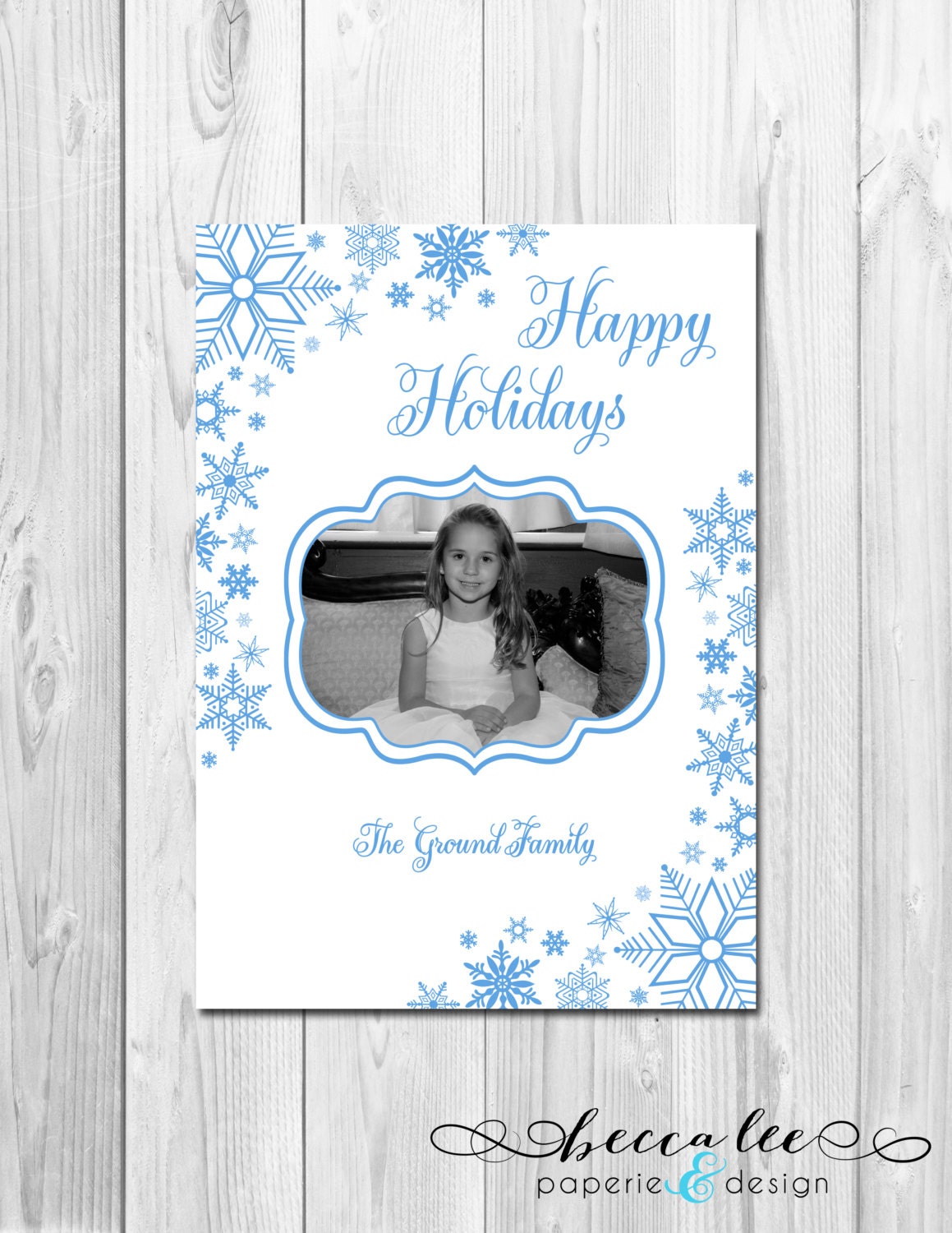 Printable Photo Holiday Card - Happy Holidays - Blue Snowflakes - 1 Photo - Customizable Il_570xn