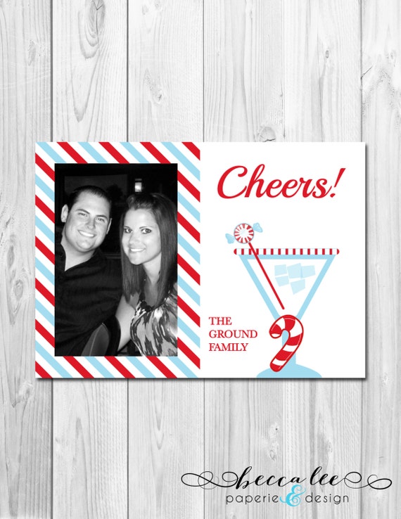 Printable Photo Holiday Card - Peppermint Cocktail - Red and Blue - Cheers - Customizable Il_570xn