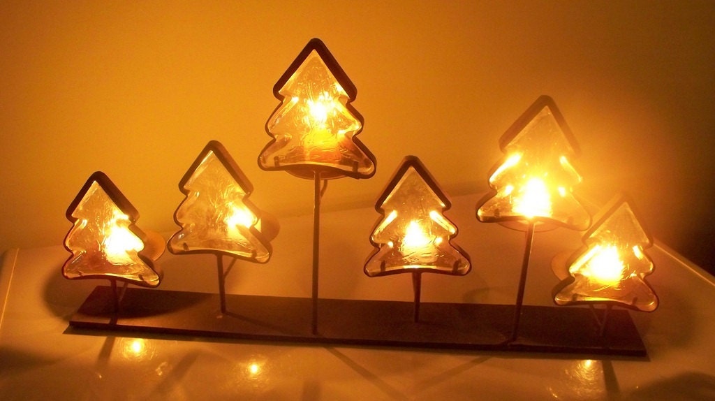 Heavy Iron and Glass Fireplace Pine Trees Candle Holder - TabletopsandMore