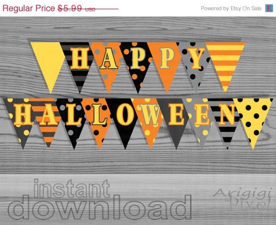 EVERYTHING 70 % OFF DIY Printable Banner, Happy Halloween Party, Polka Dot Striped, Holiday , black, orange, bunting banner, ready to print Il_570xn