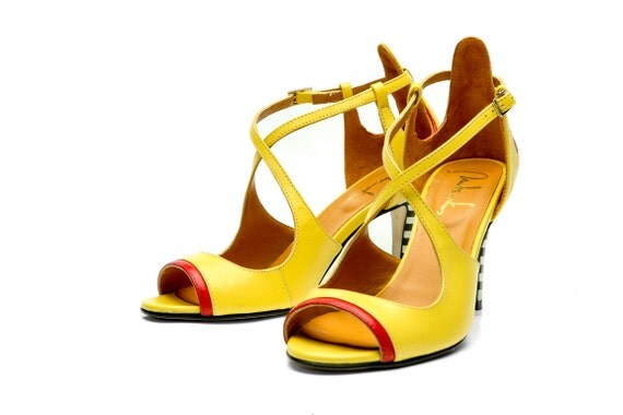 yellow black and white heels