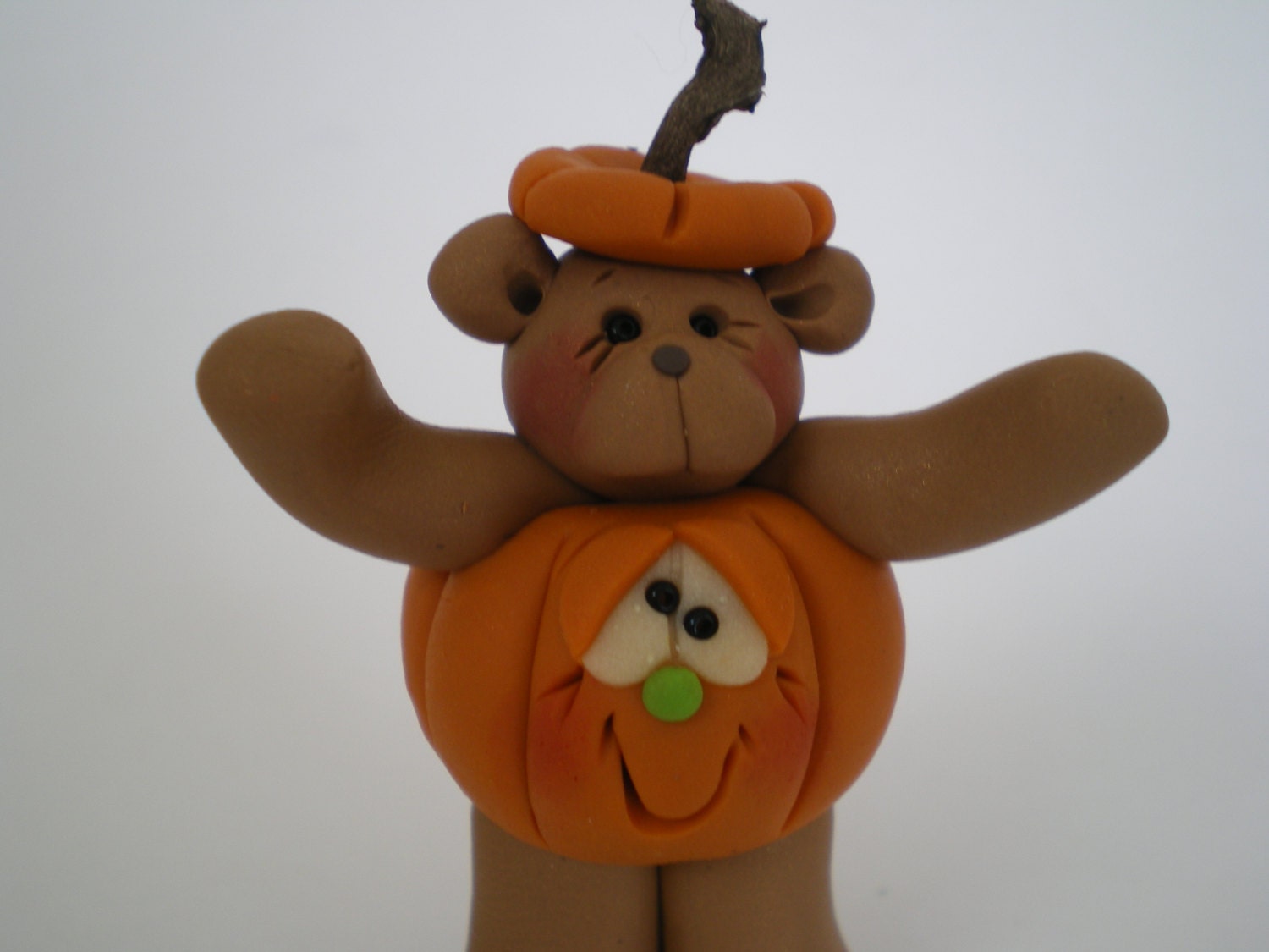 Halloween Pumpkin Bear  -Polymer Clay Jack o' Lantern Handmade by Helen's Clay Art - HelensClayArt