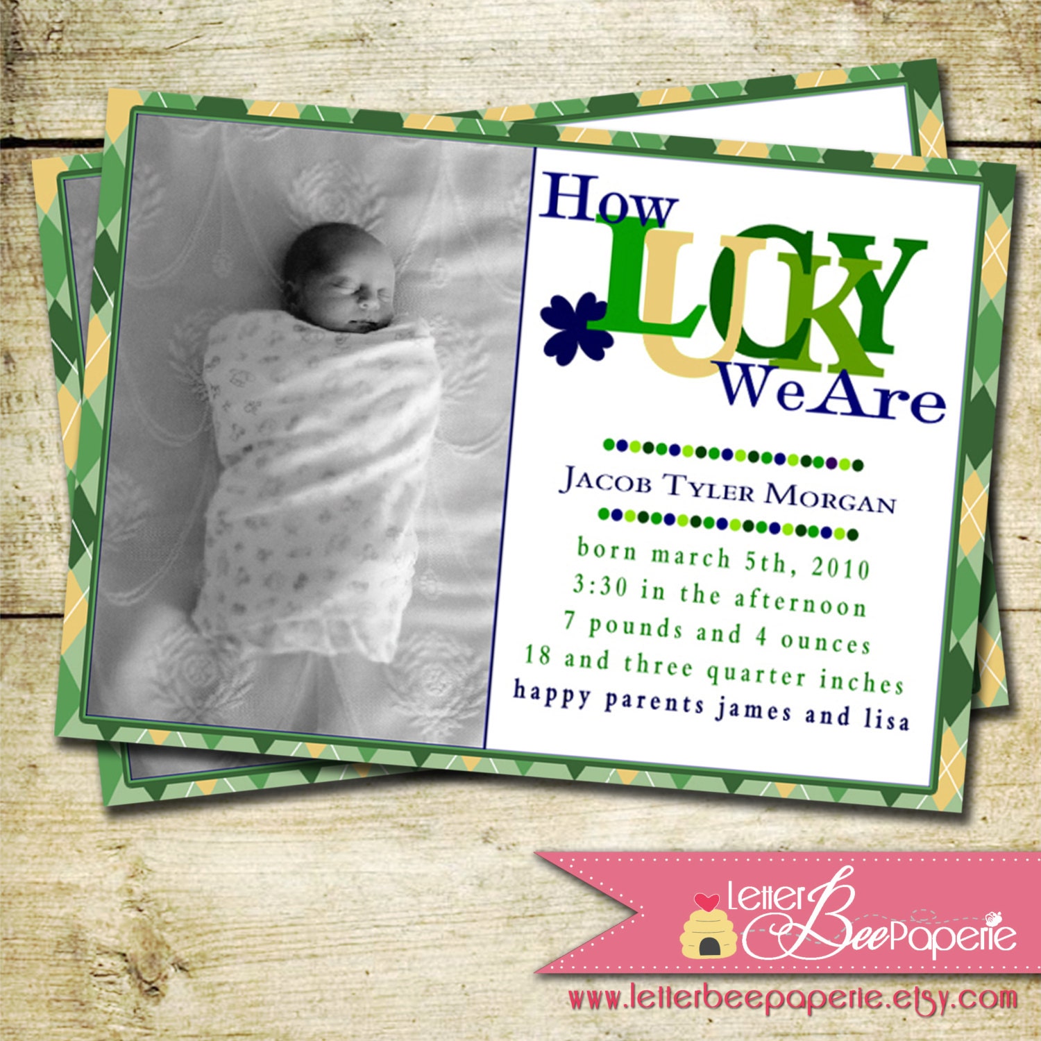 Baby Boy Custom Photo Birth Announcment - DIY Printable Card - Lucky in Love - St Patrick's Day - New Babies - Irish - Holiday Cards Il_570xn