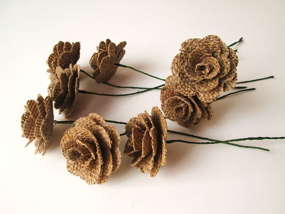 12 Burlap Flowers with Stems - Rustic Wedding Decoration, Home Decoration, Craft Projects, Card Making, Home and Special Occasion Decoration