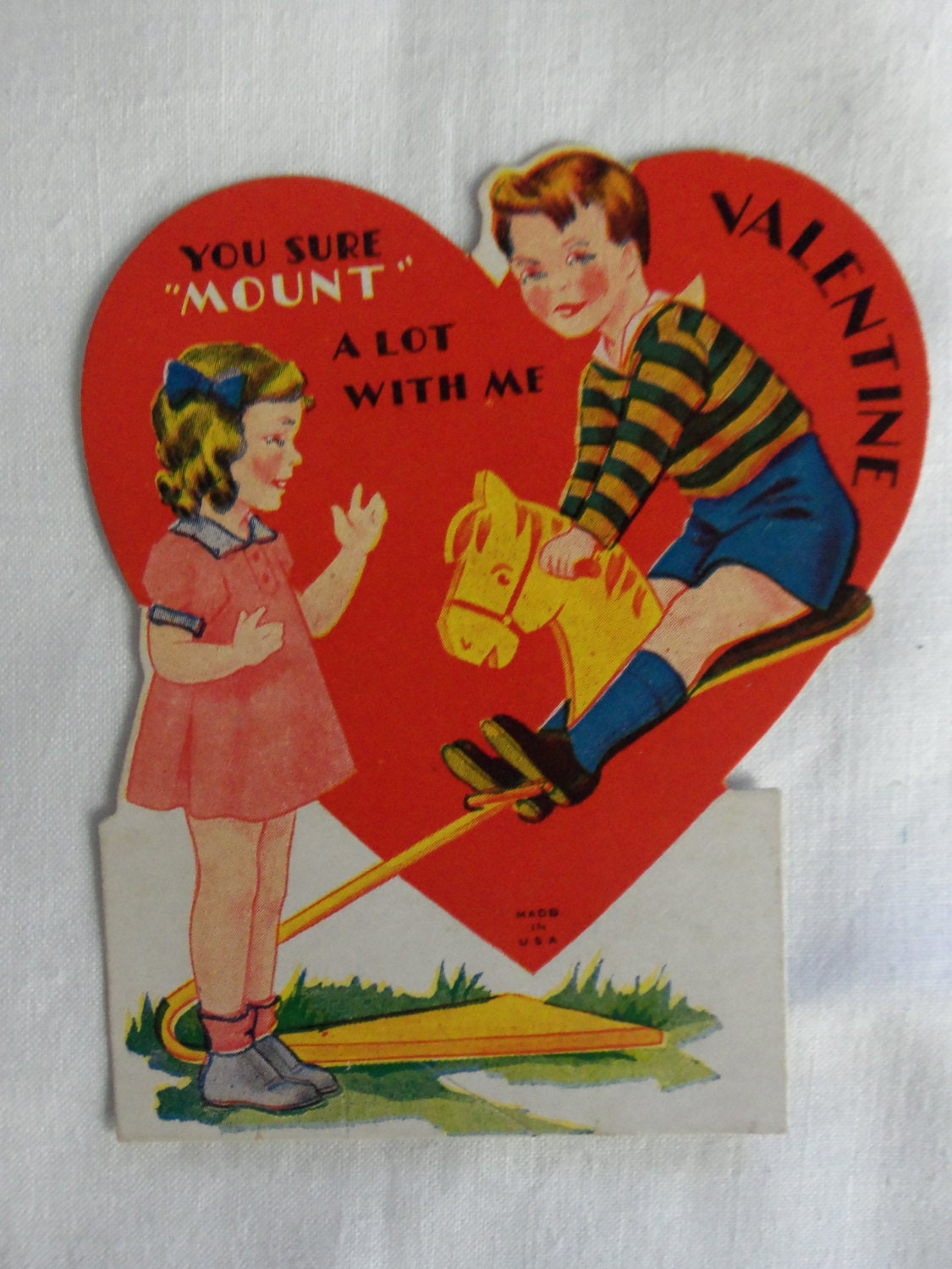 Vintage 1940's Childrens Valentine Made in USA Boy Girl Hobby Horse You Sure MOUNT A Lot!