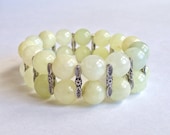 Green Natural Quartzite Bracelet with Silver Flower Spacers/ Stretch Bracelet /Women's Bracelet - ButterflyWarriors Green Natural Quartzite Bracelet with Silver Flower Spacers/ Stretch Bracelet /Women's Bracelet - ButterflyWarriors