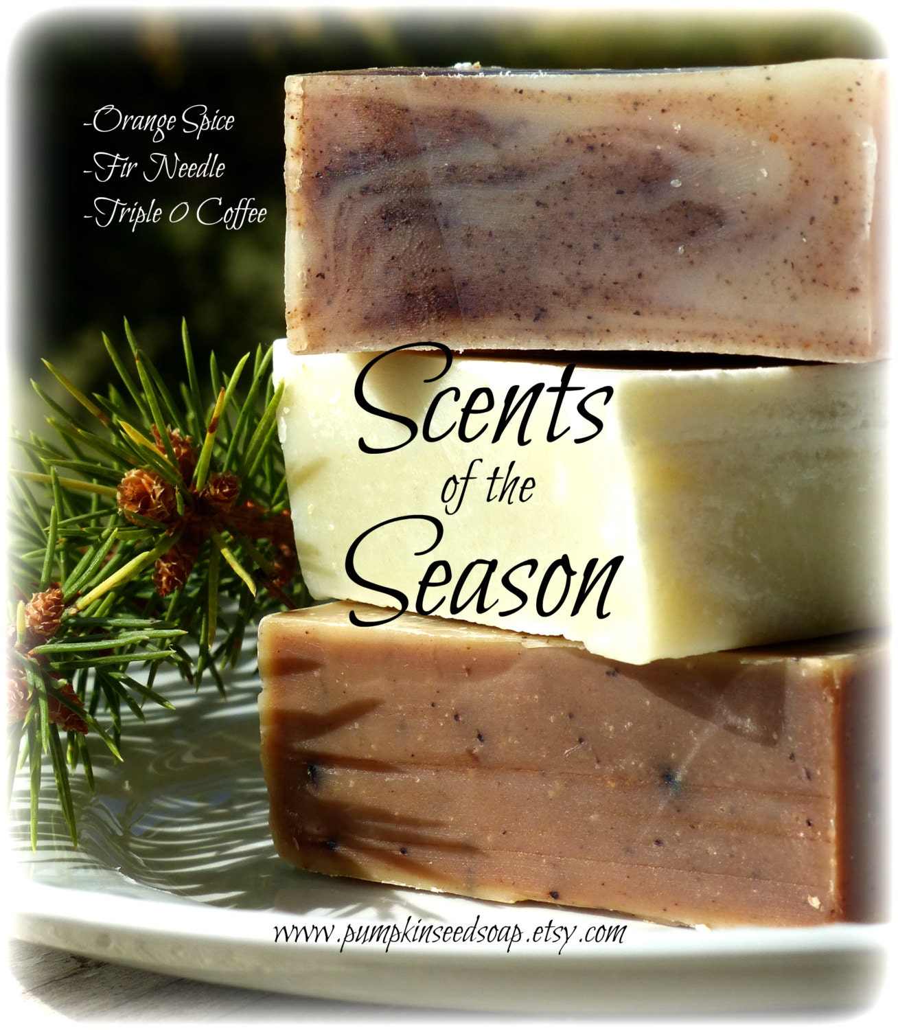 Fall/Holiday/Christmas/Gift. Soap Set of 3 small soaps. Orange Spice, Triple 0 Coffee, Fir Needle