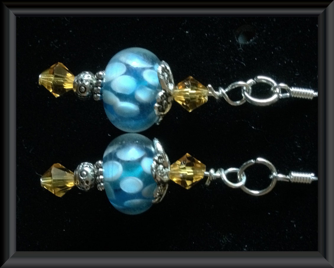 AQUA Spotted Lampwork Beaded EARRINGS: Golden Yellow CRYSTAL Gemstones, Silver Plated Accents, Sterling Silver Earwires - TwinklingOfAnEye