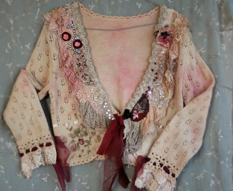 Sands of Time, feminine reworked vintage cardi with opulent nuno felted collar,  hand embroidered and beaded, bohemian romantic