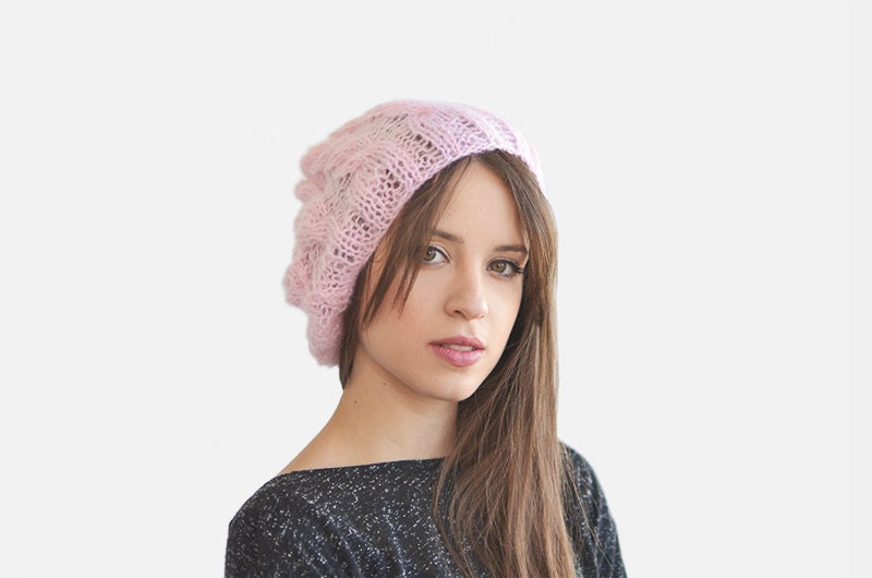 Beanie slouchy hat in pink for winter  / Hand Knitted - Plexida