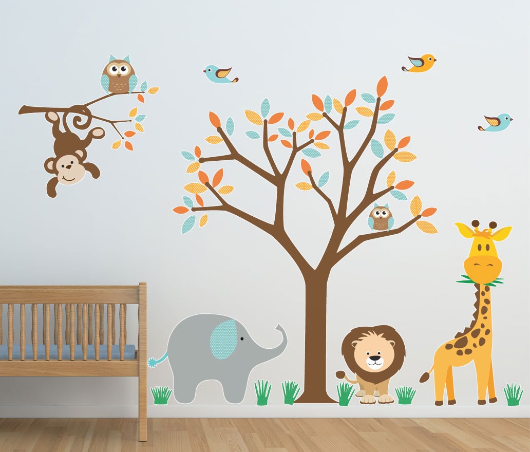 Safari Nursery wall decal- Reusable, Reposition, Wall decal, Children's room, Nursery wall decals, Owls, giraffe, monkey - SolanaGraphicStudios
