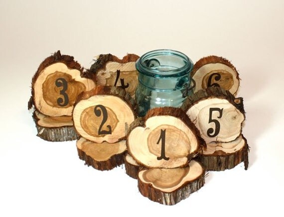 Wedding Table Numbers, rustic cedar circles, set of 18, natural unfinished cedar wood for rustic or woodland weddings