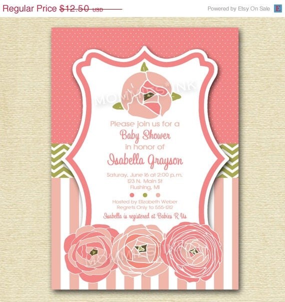 HOLIDAY SALE 10% off Peach Peony Blossoms Baby Shower Invitation - PRINTABLE Invitation Design Il_570xn