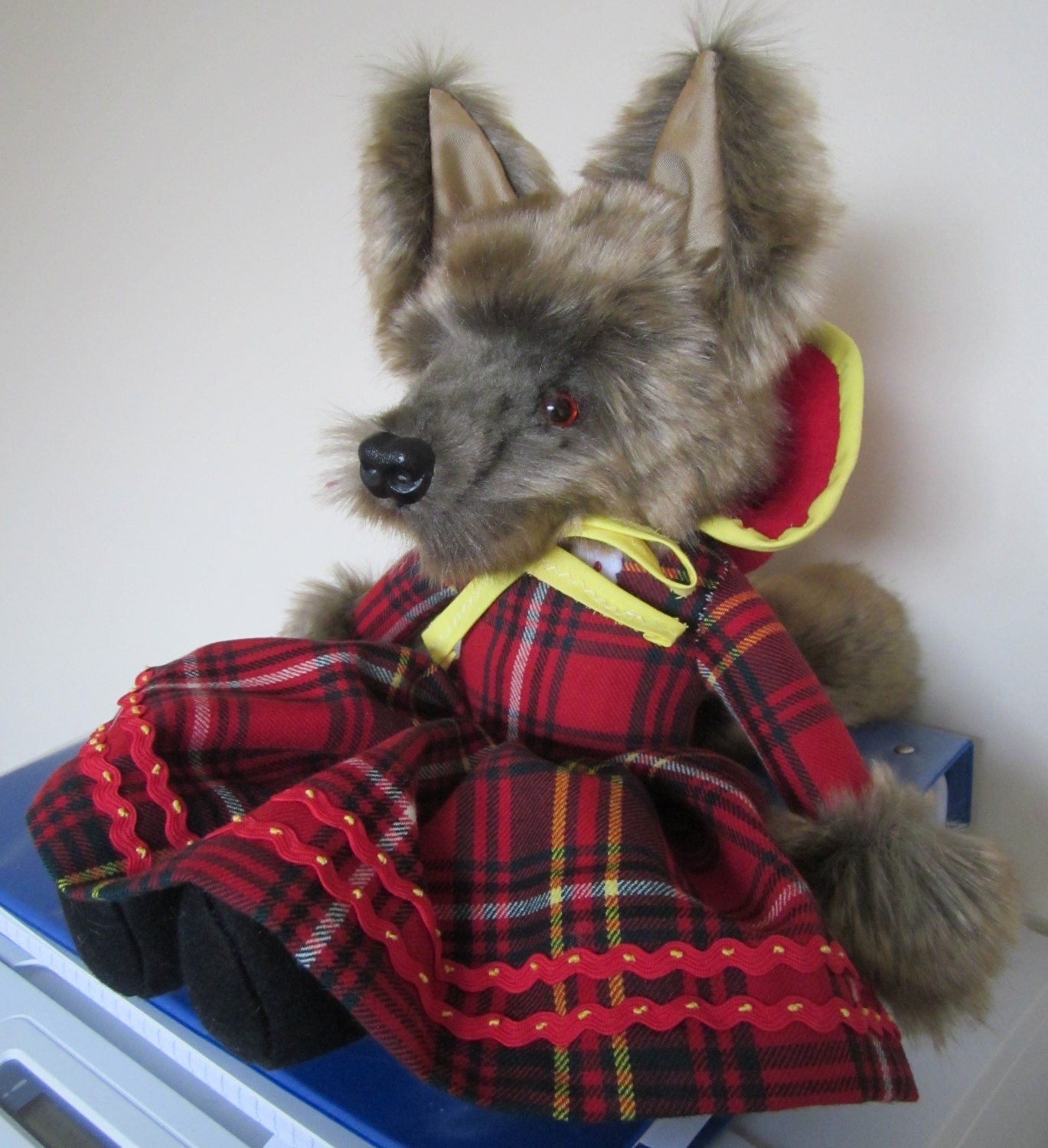 Browney Gold Plush Wolf Toy Red Hay Tartan  Dress Safe Toy All Ages Coldham Cuddly Handmade by Me All Year Gift Boy Girl Special Occasions