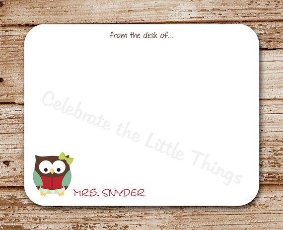 Set of 12 / Teacher Personalized Stationery / Teacher Owl Note Cards / Notecards Il_570xn