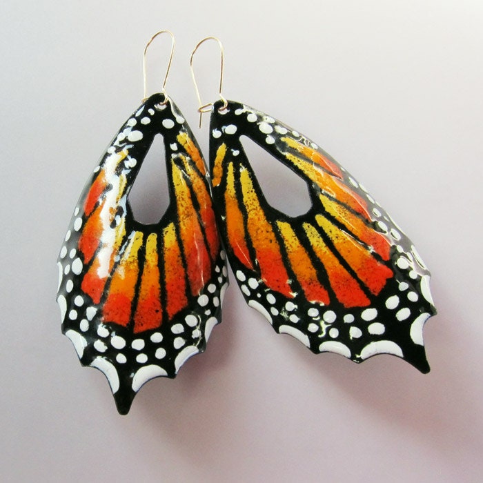 Orange Butterfly Earrings Extra Large Monarch Big by OxArtJewelry