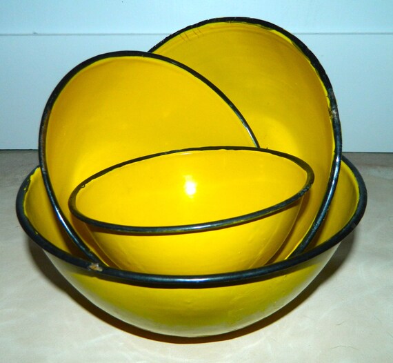 vintage enamel bowls YELLOW nesting mixing bowl set by ObjectRetro