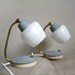 Midcentury Modern Table Lamps. White Textured Glass Lamp Shades, Gold and Gray Accents. Mad Men Style Lighting