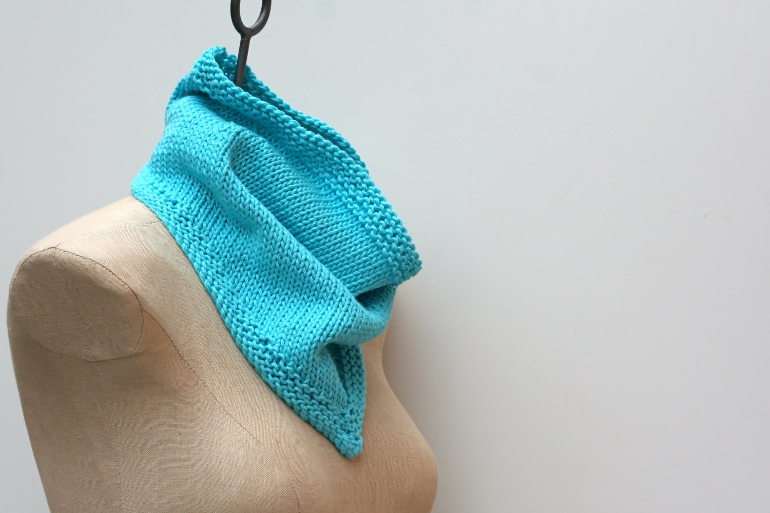 Made to Order: Hand Knitted Bandana Cowl Infinity Scarf in Brilliant Aqua Blue Cotton Blend Yarn - AmyLaRoux