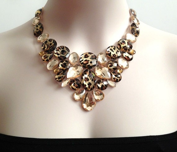leopard sexy necklace, rhinestone bib leopard and honey wedding, bridesmaids, prom, holiday necklace, gift or for you