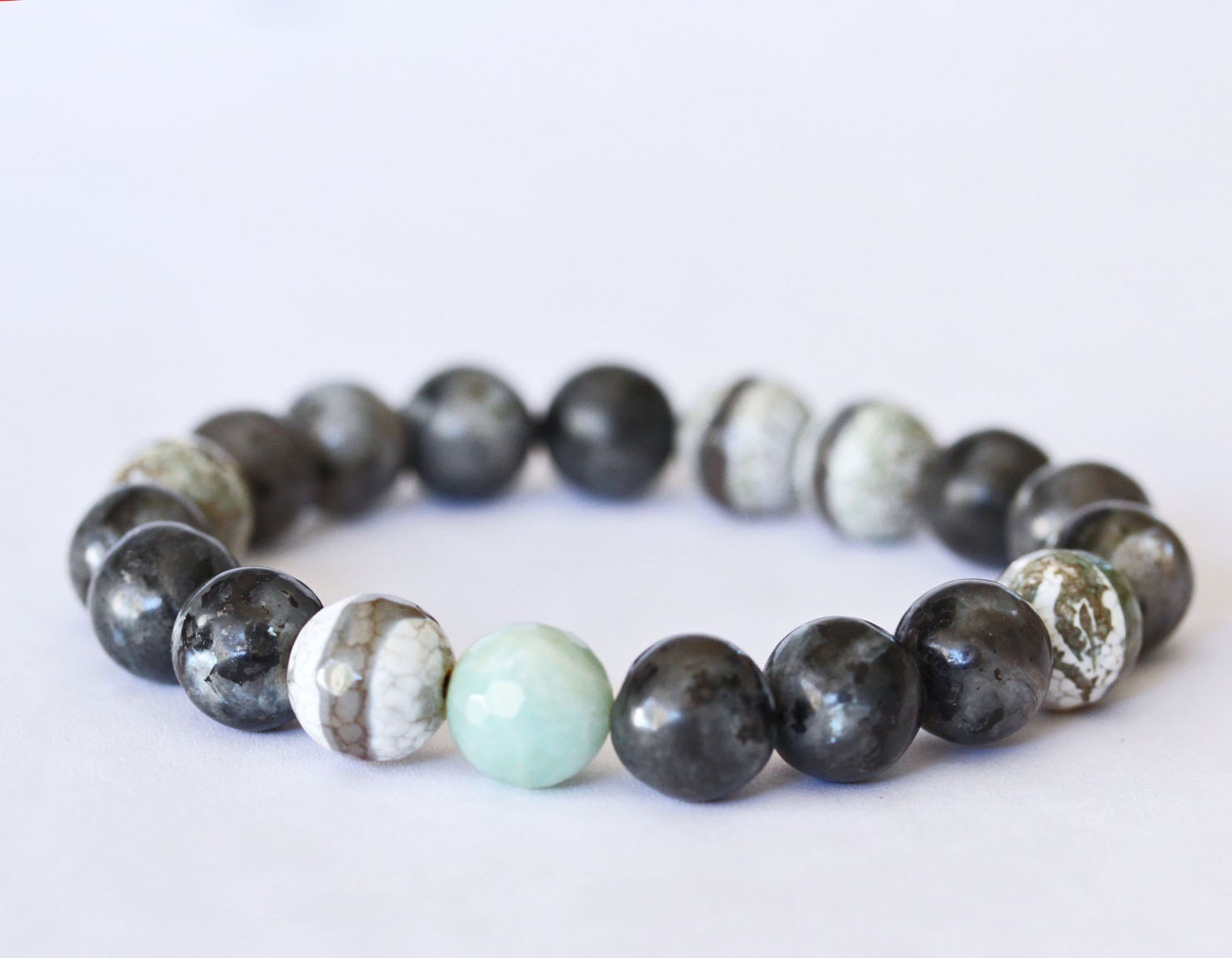 Larvikite Black Labradorite Bracelet. Amazonite Focal Bead. Linen Blue Grey Tibetan Agate Stripe. Stretch stacking modern minimalist Jewelry - YuliyasAddiction Larvikite Black Labradorite Bracelet. Amazonite Focal Bead. Linen Blue Grey Tibetan Agate Stripe. Stretch stacking modern minimalist Jewelry - YuliyasAddiction