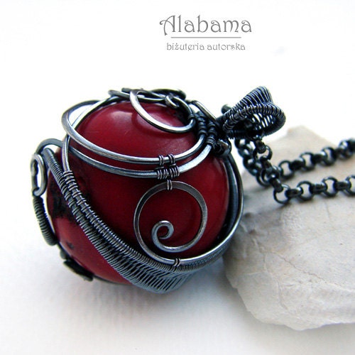 Coral story - unique, unrepeatable, OOAK, modern, oxidised silver pendant with a large ball of red coral - AlabamaStudio